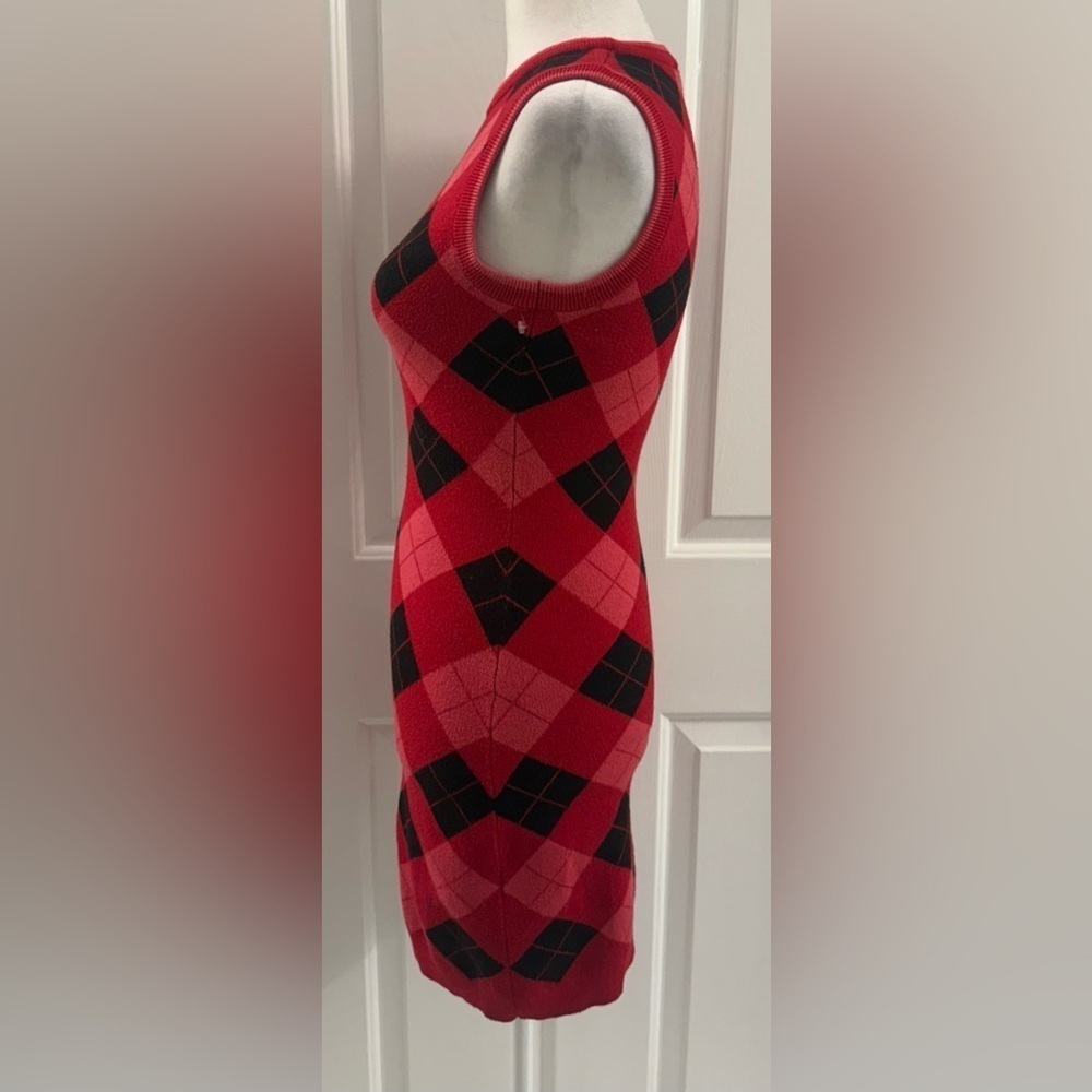 ZARA DIAMOND PATTERN KNIT DRESS S Red/Black - Picture 4 of 9